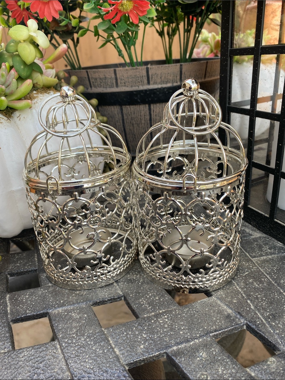 Silver Filigree Lantern Pair with Dome Tops